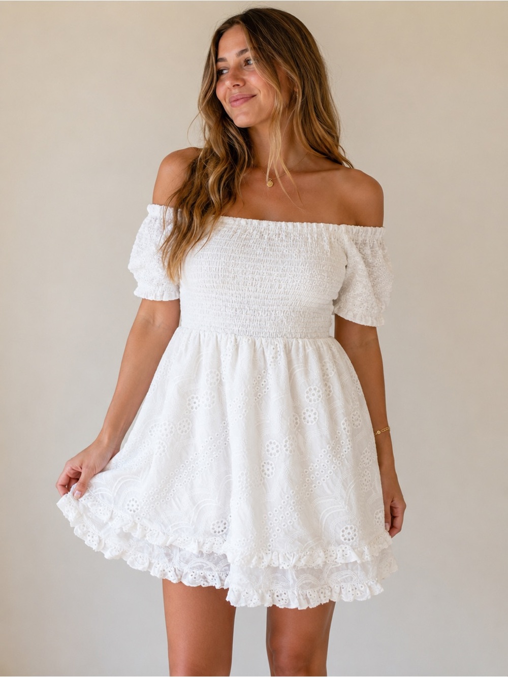 Vacate the Label White Off-Shoulder Eyelet Mini Dress